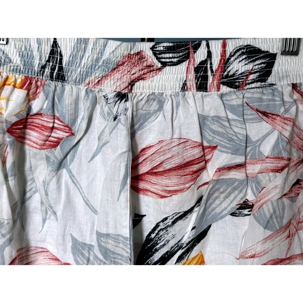 Linen Cropped Wide Leg Resort Pants Tropical‎ Floral Size L Coastal Boho